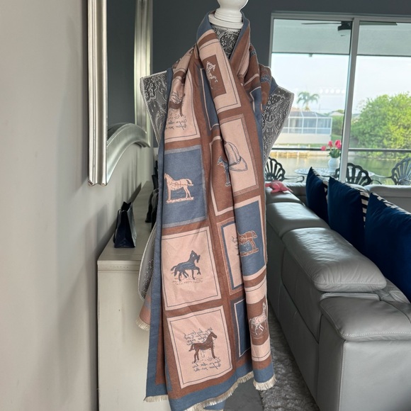 Elegant Horse Print Scarf in Blue and Brown - Picture 1 of 9